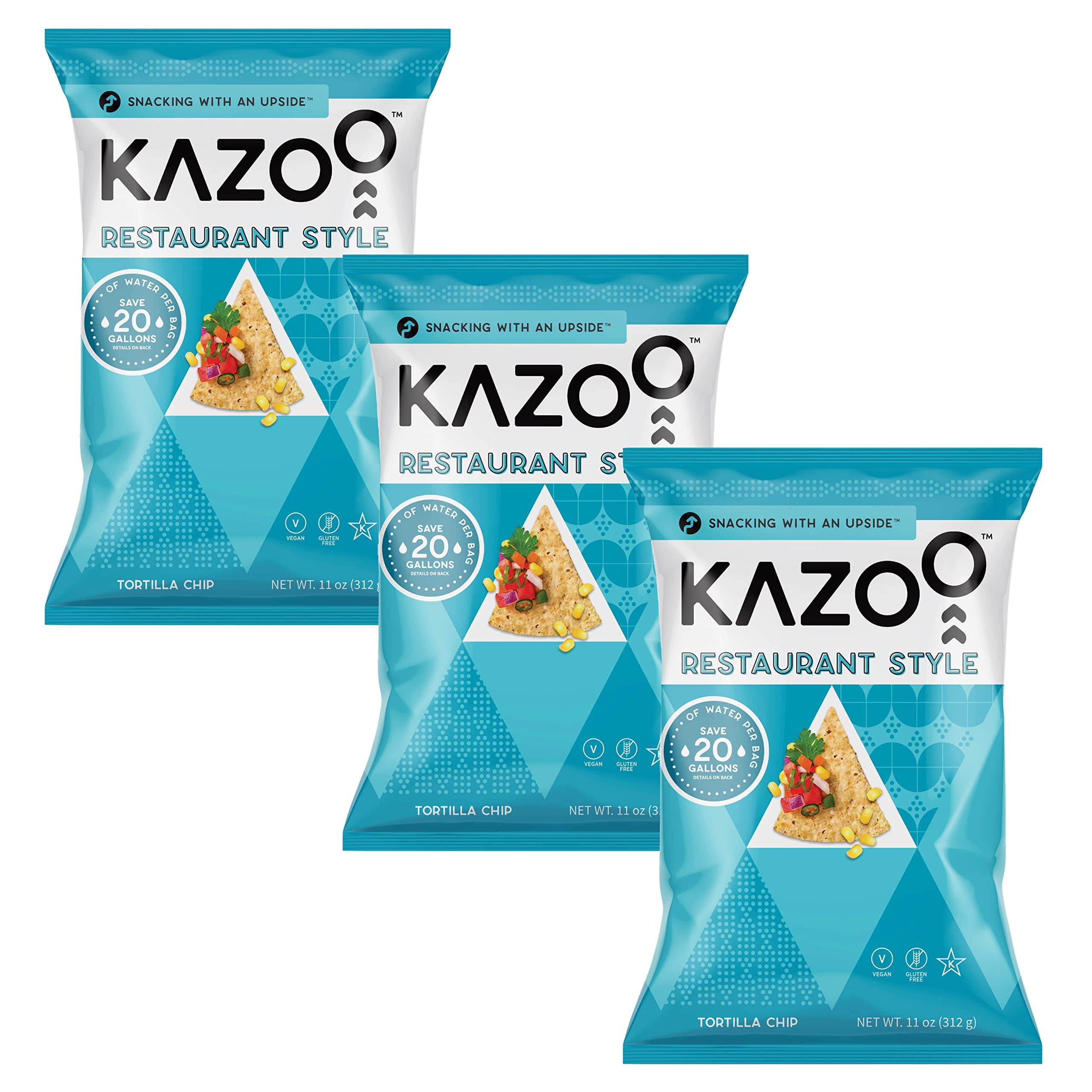 Kazoo Snacks Tortilla Chips Sea Salt 11 Ounce (Pack of 3) WaterSaving (20 gallons of