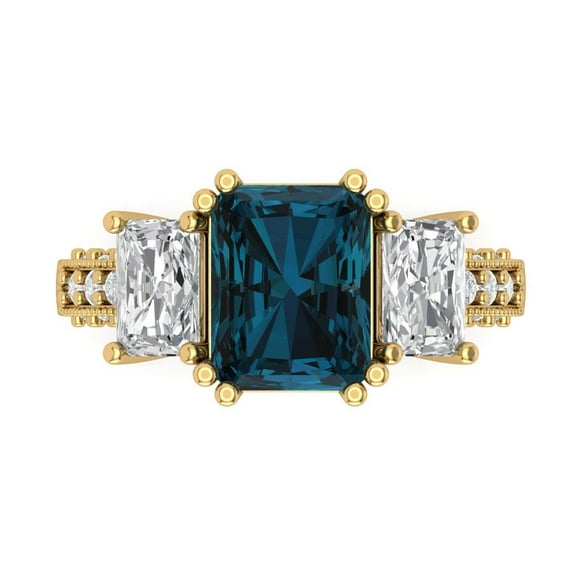 Three-Stone Engagement Ring for Women - 4.27ct Natural London Blue Topaz in 14K Yellow Gold Promise Ring