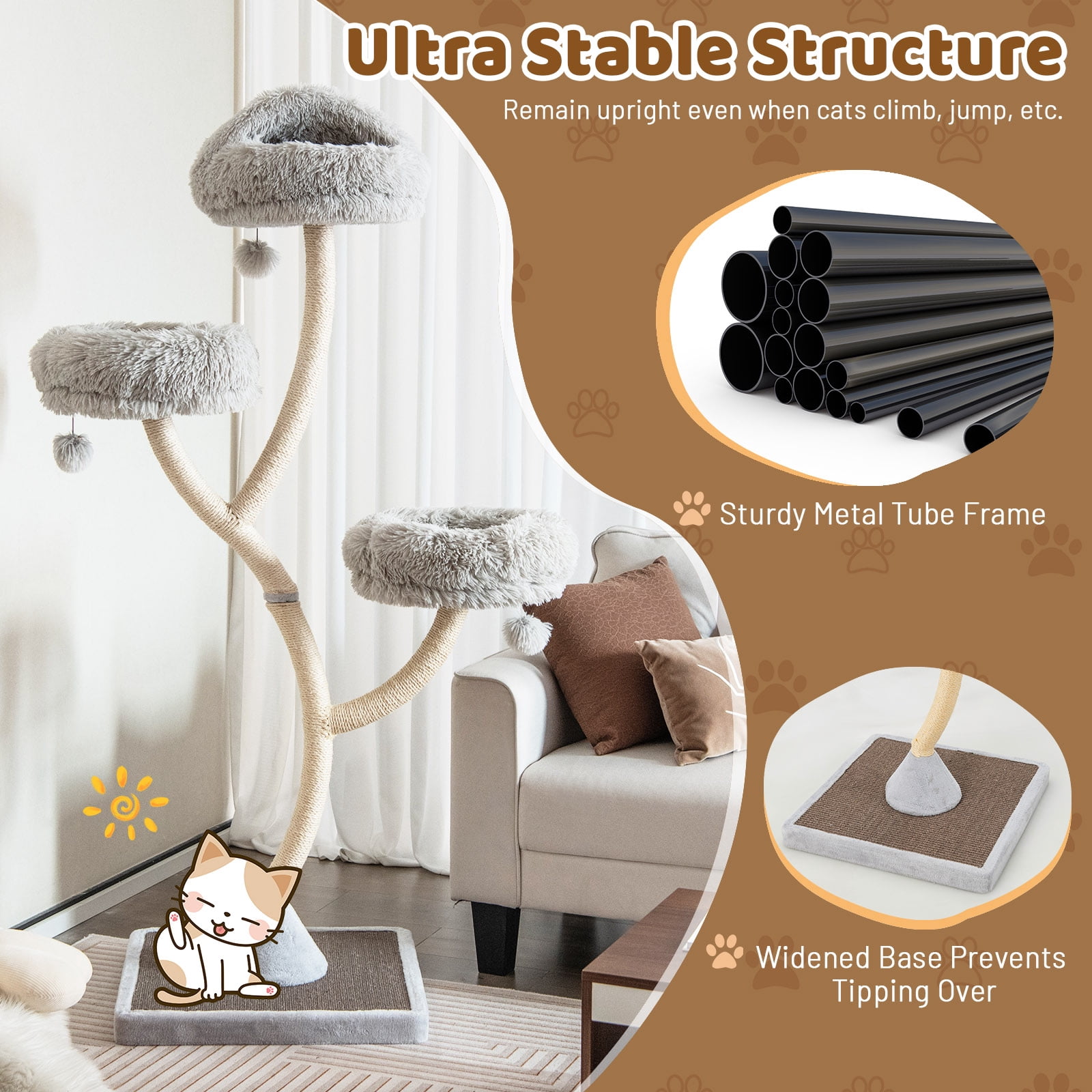 Costway Cat Tree Tower 70'' Multi-Level Kitten Activity Center with 3 Perches & Balls Gray