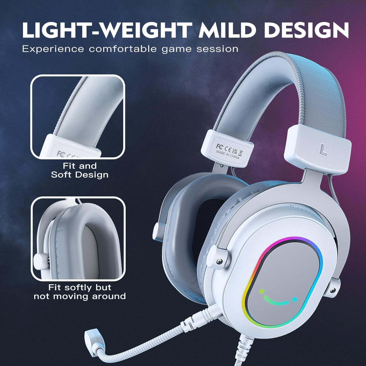 FIFINE H6 Wired Gaming Headset with Microphone for Computer PC, PS5/PS4, 330g Lightweight, USB Control Box with 7.1 Sound, EQ Mode for FPS Gamer, White