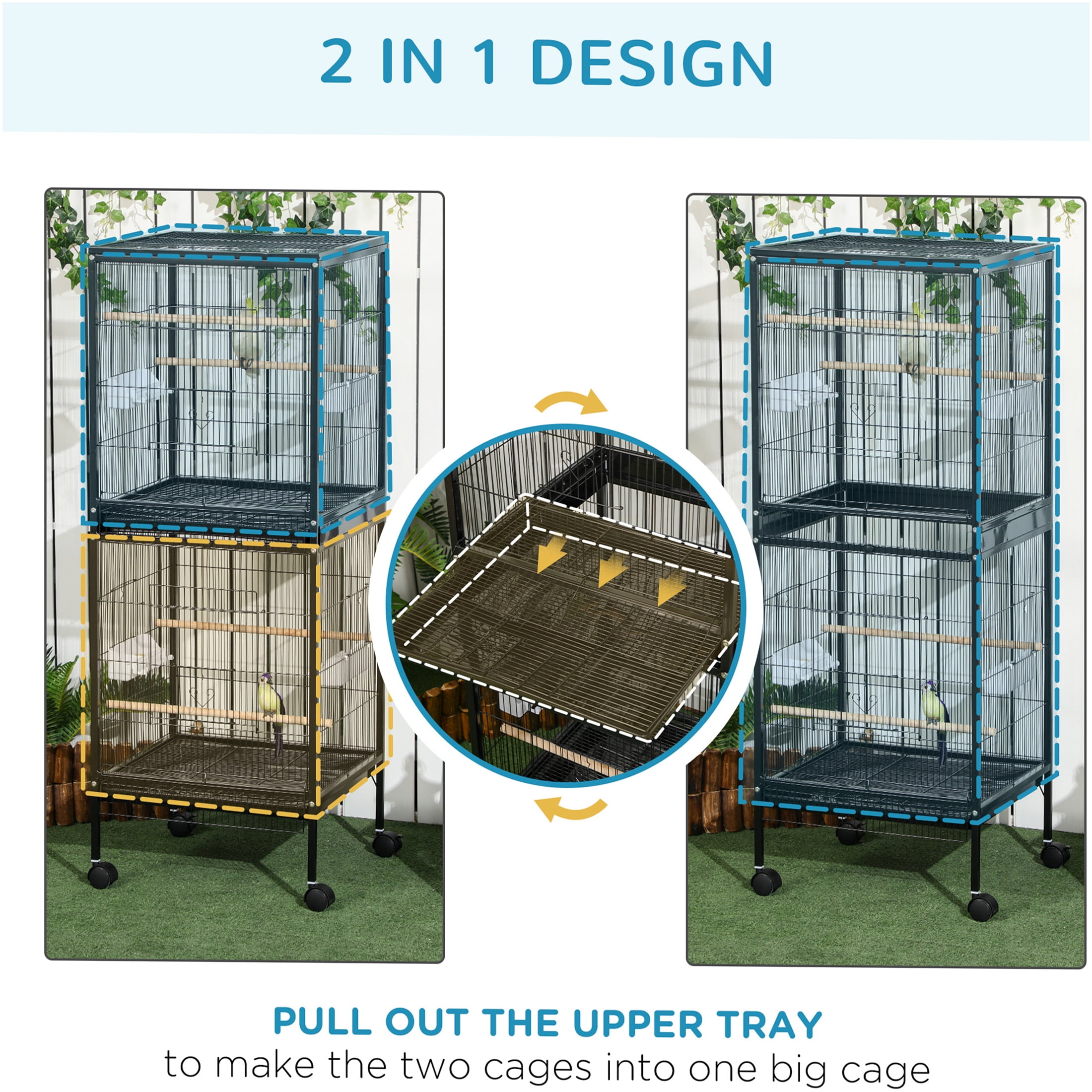 JERFIT 55" Large Black Wood Bird Cage for Parakeets, Canary & Conure - Wide 20.5" Flight Aviary with 4 Wheels, Multi-Doors & Easy Clean Tray