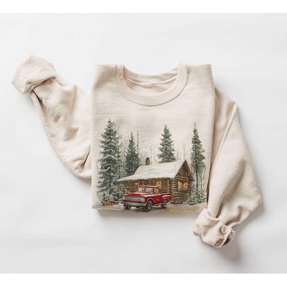 Retro Christmas Red Pickup Truck Winter Cabin Sweatshirt, 90s Mountain Pine Trees Snowy Day, Boho Unisex Sweatshirt