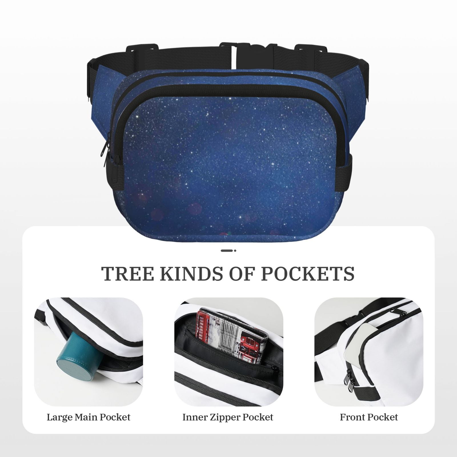 Kuqiui Retro Blue Glitter Print Fanny Packs for Women Cross Body Waist Bag Fashionable Fanny Pack Designer Workout Hiking Waist Pack Running Travel Gym