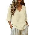 thumbnail image 5 of LIZUOJUN Women's Short sleeve T-shirt Linen Blend 3/4 Sleeve Blouse V Neck Casual Loose Solid Color Shirts for Women,Beige L, 5 of 7