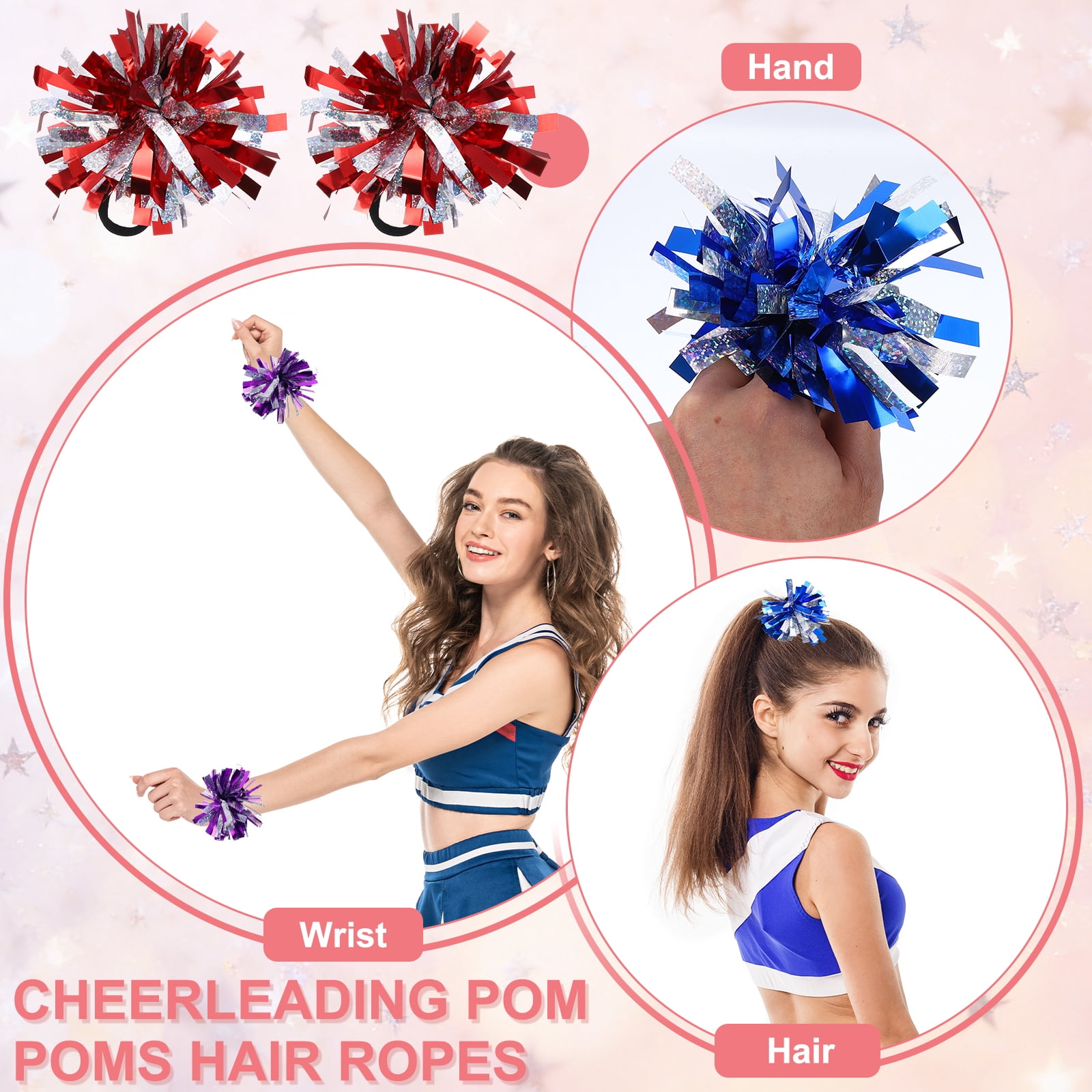 Uxcell 24 Pcs Cheerleading Pom Poms Hair Ropes for Basketball Game,Outdoor Activities, Red