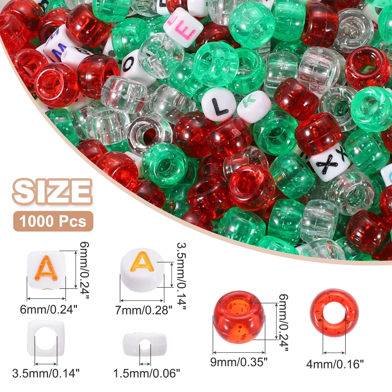 Uxcell 1000 Pcs Pony Beads 6 x 9 mm Acrylic Friendship Bracelet Making Kit with Letter Bead, Pink/Green/White