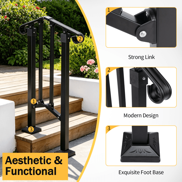 1‑Tier ABS Plastic Handrail for Patio Courtyard Stairs, Matte Black