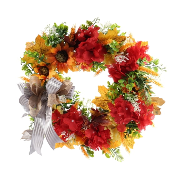 KOMOO Artificial Flower Wreath Geranium Sunflower Leaf Ribbon Bow-Knot Wreath Versatile Door Wall Hanging Wreaths