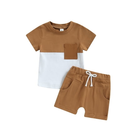 

Diconna Toddler Boys Summer Outfit Sets Short Sleeve Contrast Color Tops + Baby Boys Solid Color Drawstring Shorts Set Yellow 2-3 Years