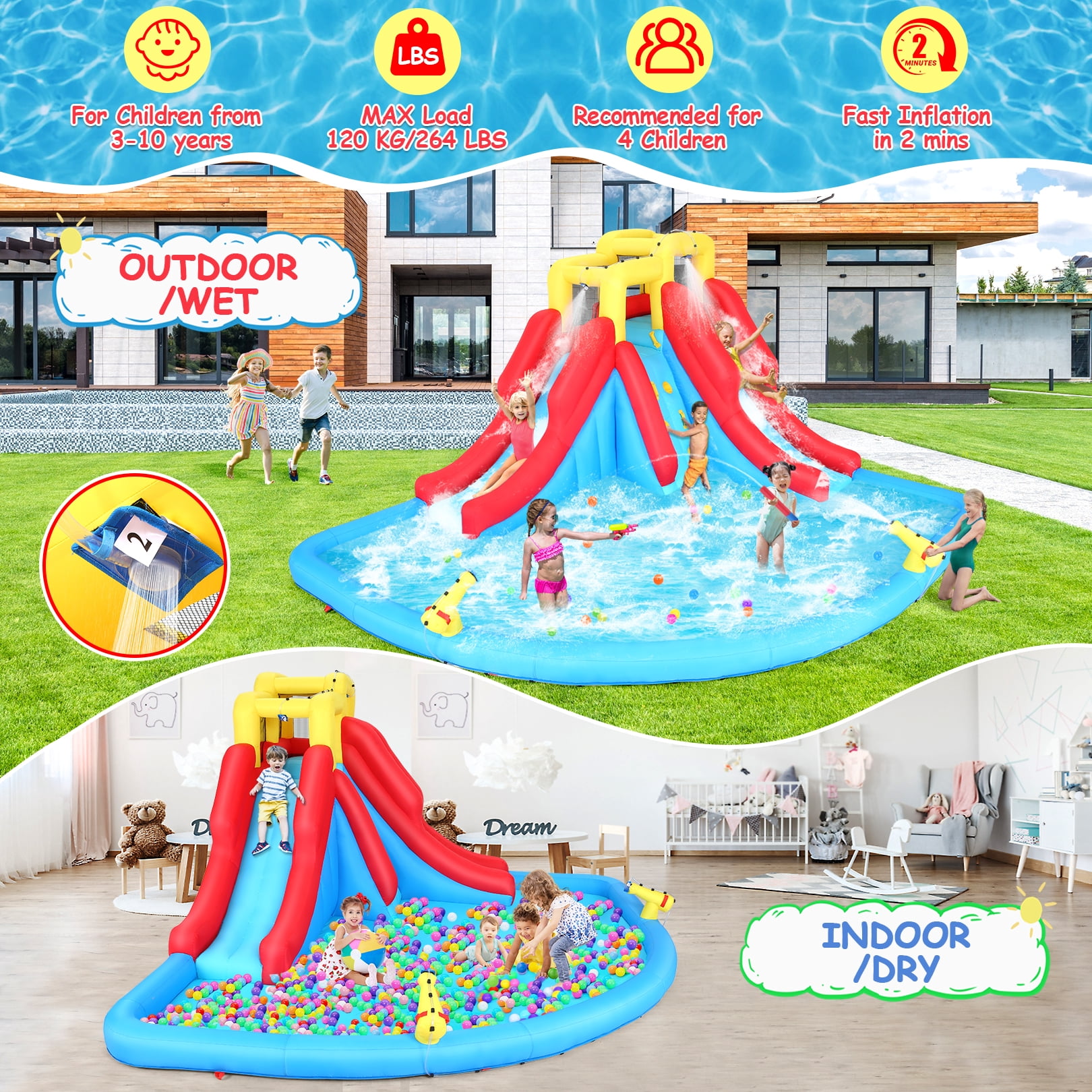 Veeboto Inflatable Water Slide, Inflatable Water Slide with 440W Blower, Includes Large Play Pool, Double Slides, Climbing Wall, Double Water Cannons for Large Water Parks
