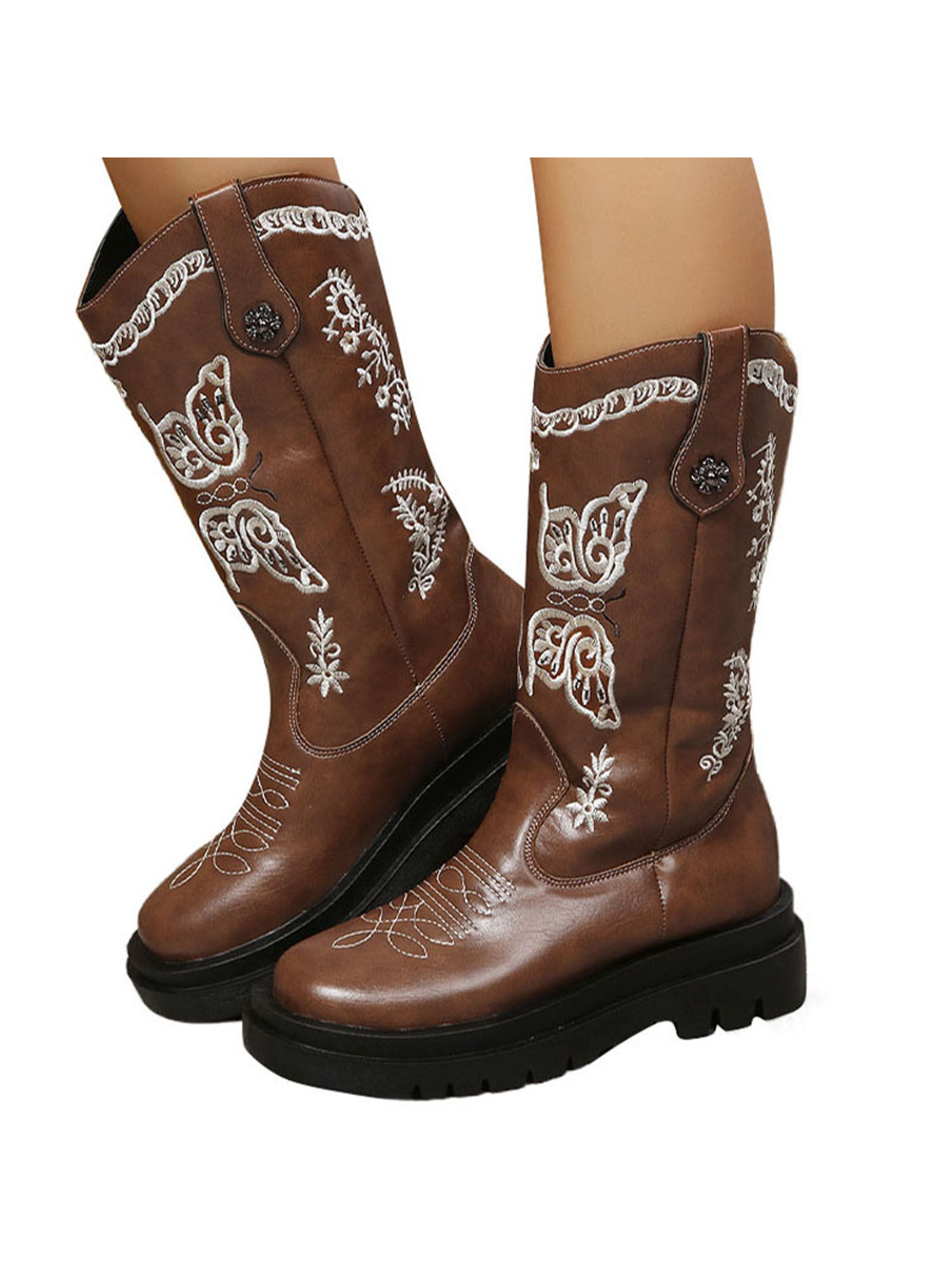 Eloshman Cowgirl Boots for Women Platform Western Wide Calf Boot Brown 5.5, Women's