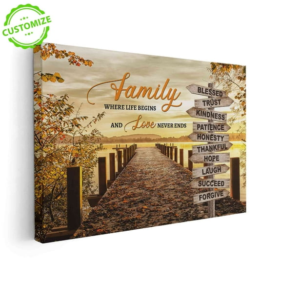 Customizaholic Family Quote Wall Art, Rustic Pier Canvas with Positive Words, Love Never Ends Decor, Thanksgiving Gift, Autumn Home Decoration