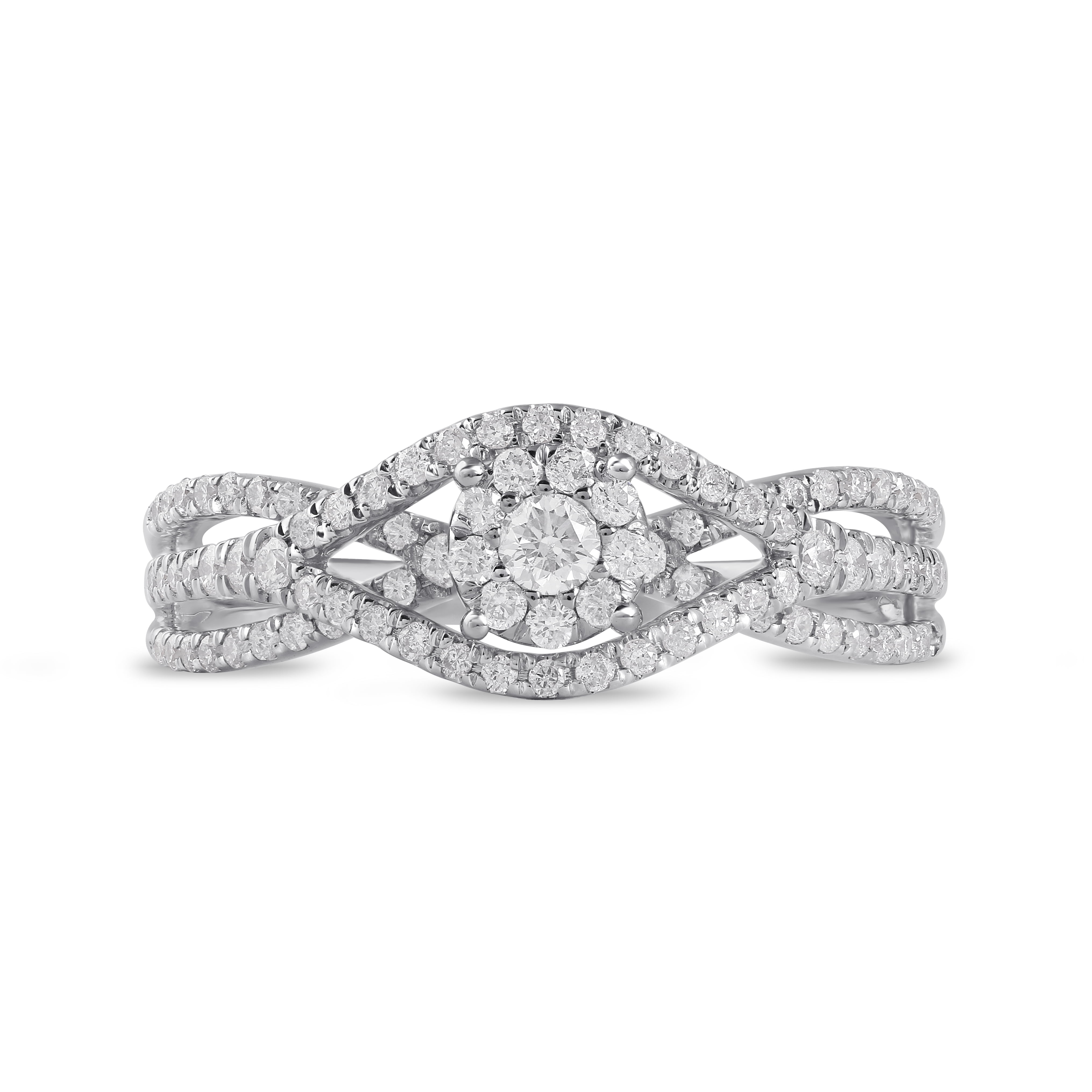 1/2Ct TDW Diamond 10K White Gold Cluster Split Shank Engagement Ring