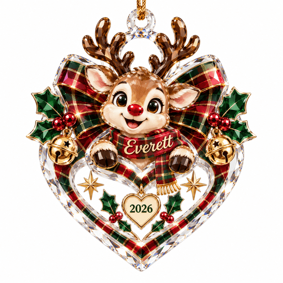 Ornament Cute Reindeer Plaid Bow Acrylic Personalized Tree Hanging Christmas Gift