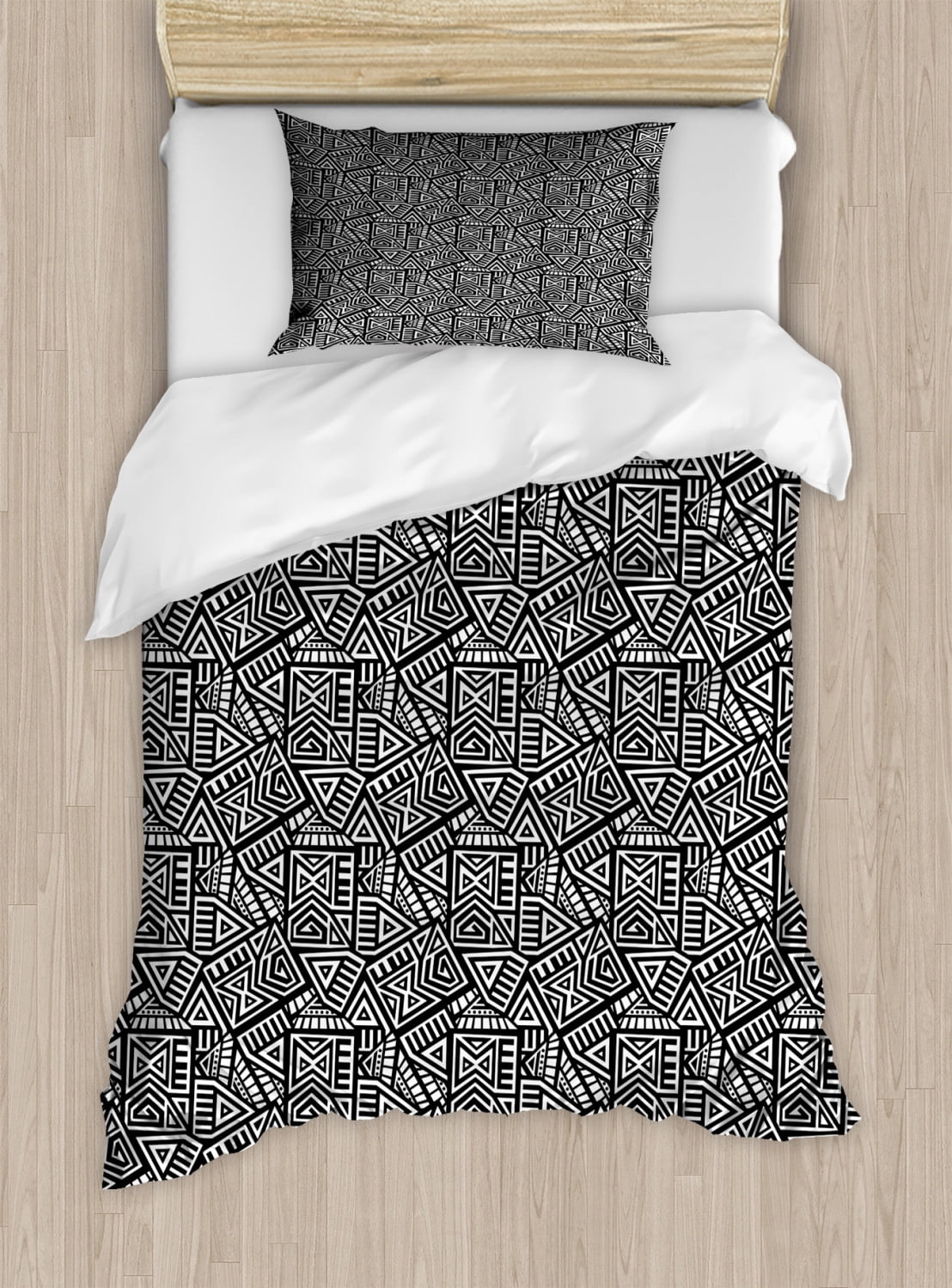 Aztec Duvet Cover Set Twin Size, Geometric Maze Pattern Inspired by