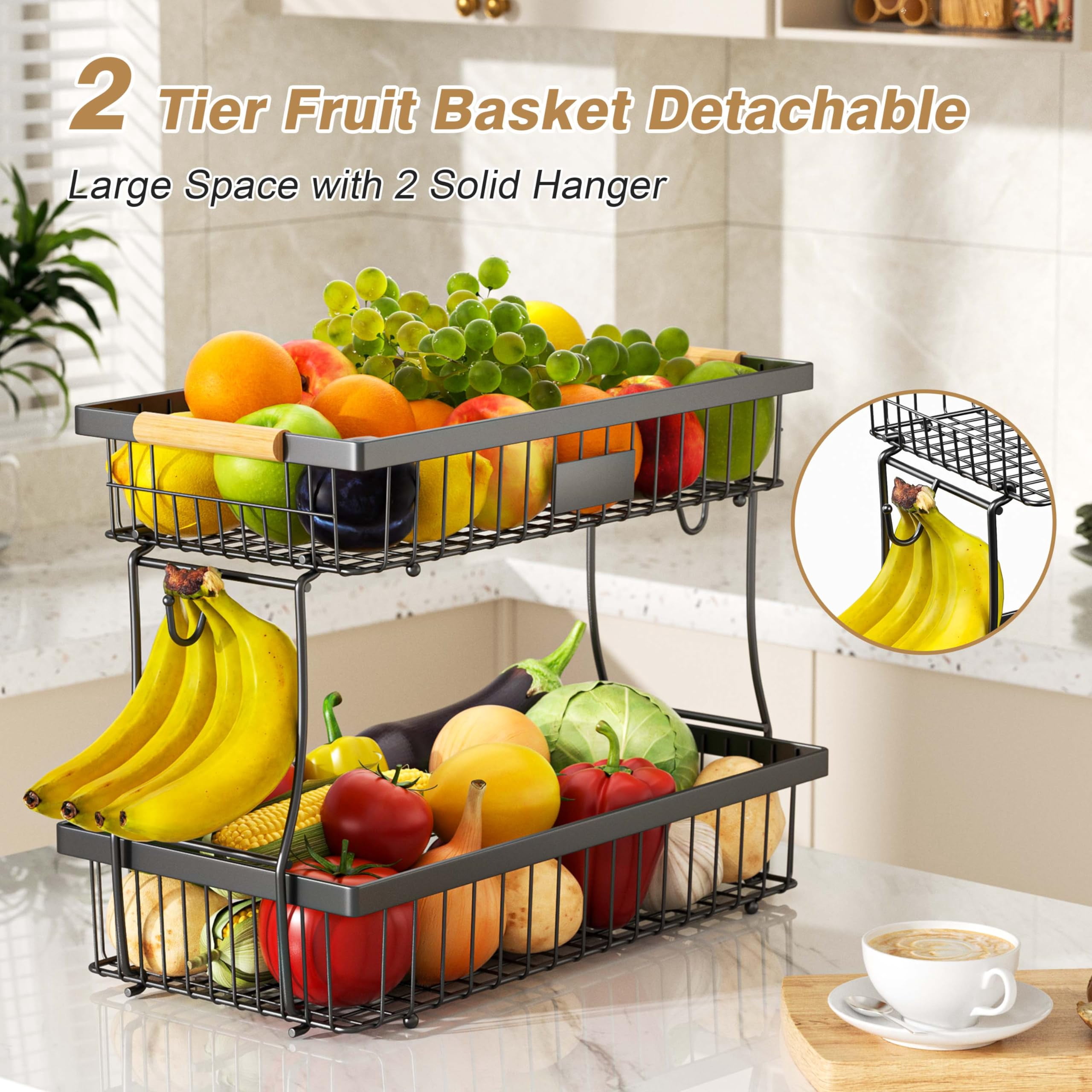 USIONE 2-Tier Detachable Metal Fruit Basket - Wooden Handle & 2 Banana Hangers, Extra Large for Kitchen Counter - Black