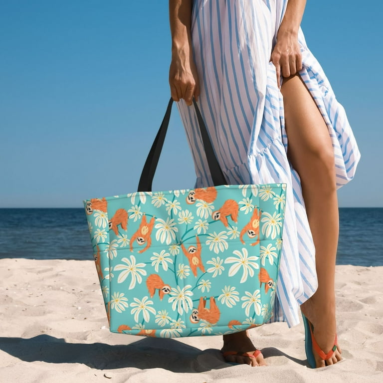 Rocae Cute Sloth on Floral Tree for Large Women s Waterproof Beach Bag Tote with 7 Pockets Pool Bag for Travel Gym Vacation