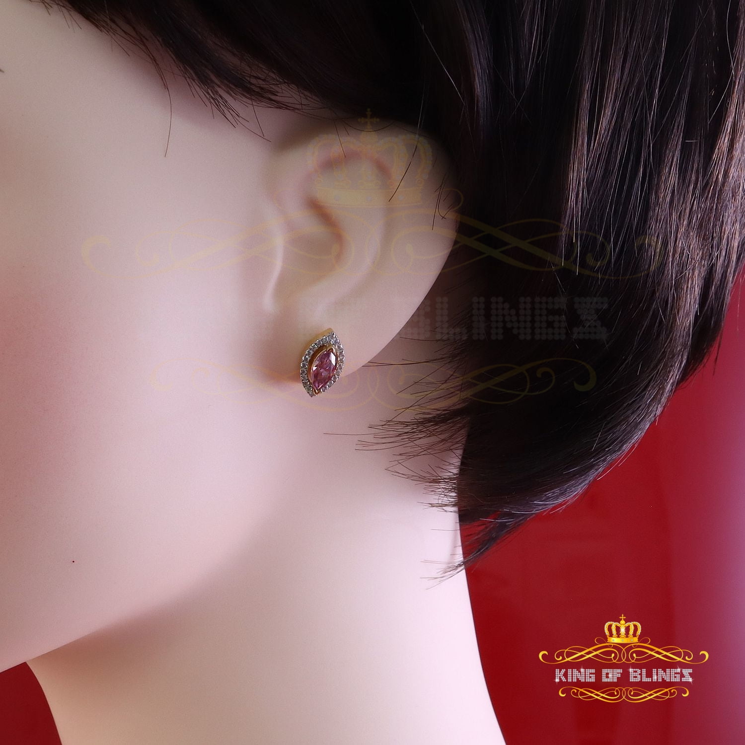King of Bling's 1.25CT VVS 'D' Pink Moissanite Men's/Women 925 Yellow Silver Stud Earrings