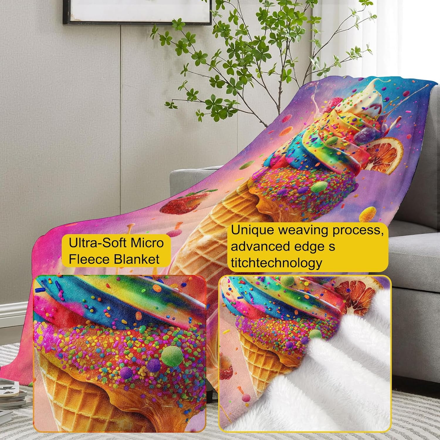 Ice Cream Blanket,Colorful Flannel Throw Blankets,Soft Warm Lightweight Cozy Plush Throws for Bedroom Sofa Home Decor Gifts for Women Girls 50"x60"