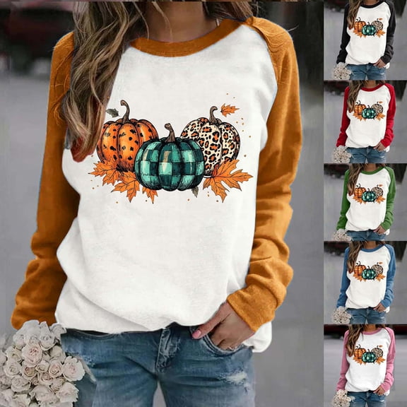 Wiyuqeen Womens Shirts Happy Thanksgiving Crew Neck Long Sleeve Raglan Pullover Casual Color Block Sweat Shirts for Fall
