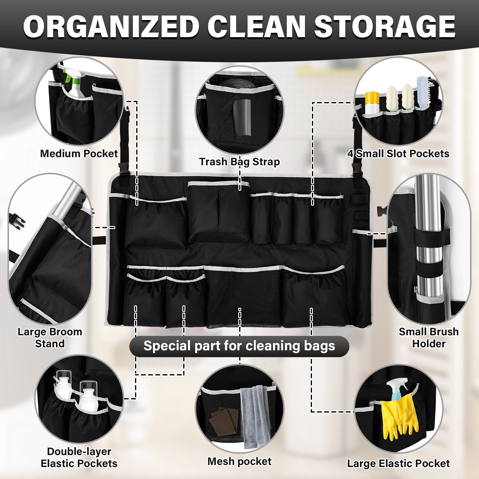 Trash Can Caddy Bag Fit 32 to 55 Gallon Garbage Bin Polyester Garbage Can Caddy with 13 Pockets for Housekeeper Professional Cleaner
