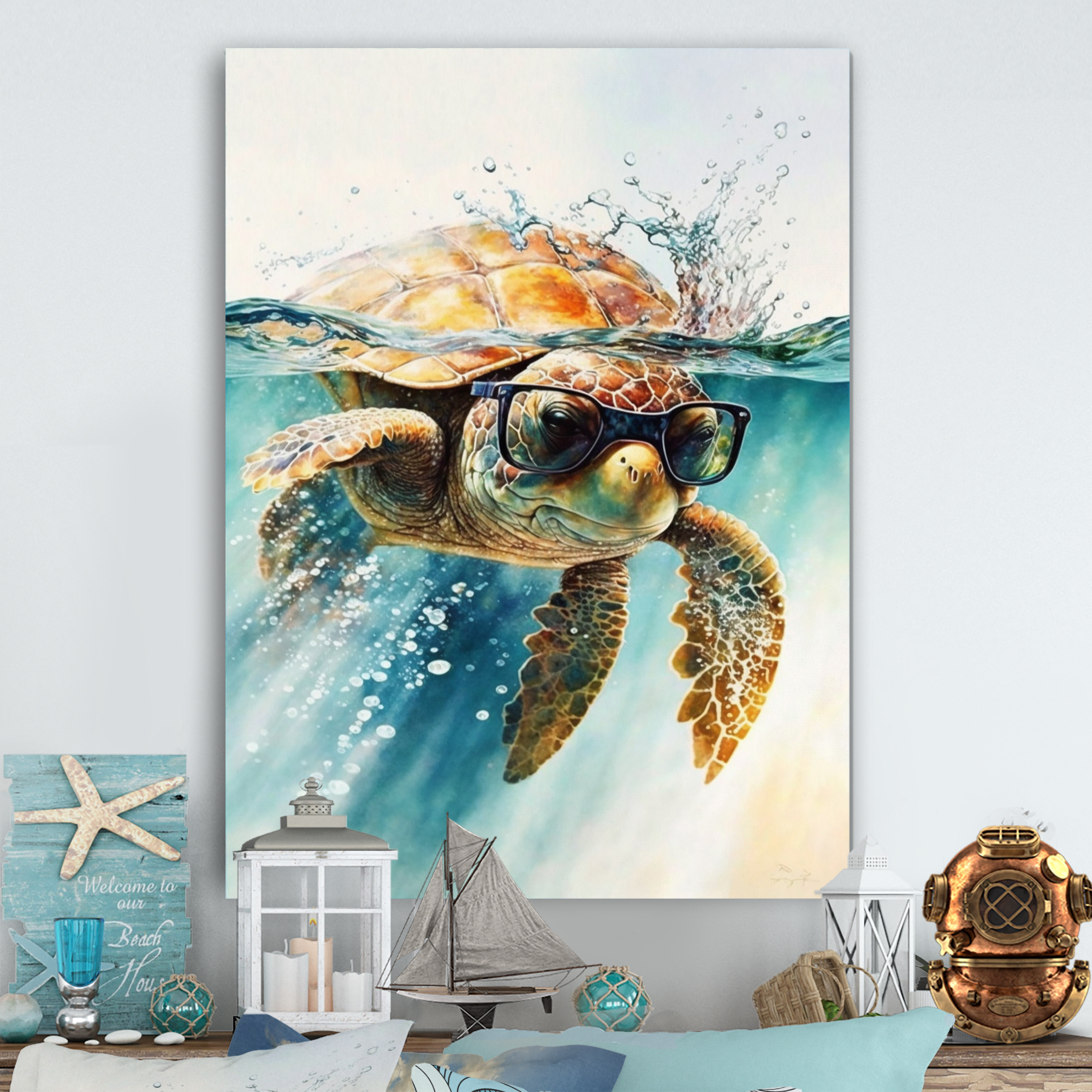 Designart Turtle With Glasses In The Ocean III Canvas Wall Art