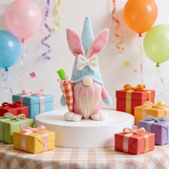 Figurita de conejo de Pascua con lazo flocado - Adorno de muñeca enana de pie de poliéster para decoración de fiestas de Pascua y exposición en casa