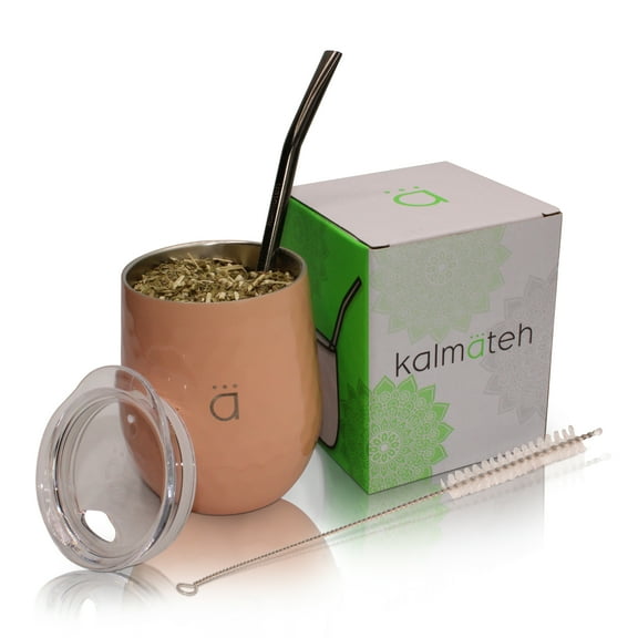 Kalmateh Yerba Mate Gourd- Modern 8 oz Mate Cup with BPA Free Lid- Double Walled 18/8 Stainless Steel - Includes Bombilla and Cleaning Brush (Peach)