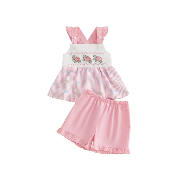 BemeyourBBs Toddler Baby Girl Summer Clothes Infant Baby Girls Summer Beach Holiday Outfit Cute Turtle Embroidered Striped Flying Sleeve Babydoll Shirts Tops and Ruffle Shorts 2 Piece Set