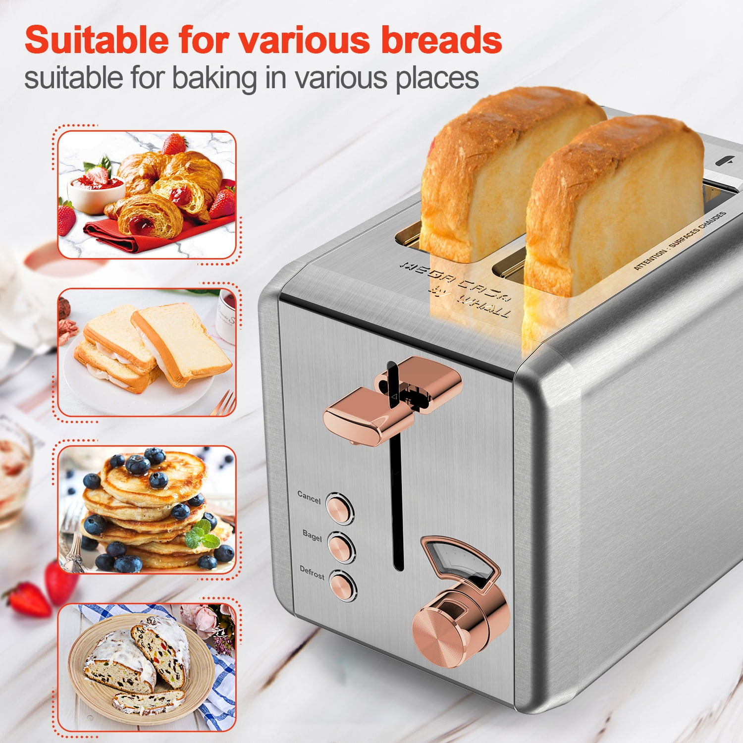  BergHOFF Ouro Gold Stainless Steel 2-Slice Extra Wide Slots  Toaster 850W 6 Shade Settings, Auto Shut-off, Defrost, Cancel, Extra Wide  Slots for Bagels Waffles, Slide-out Crumb Tray: Home & Kitchen