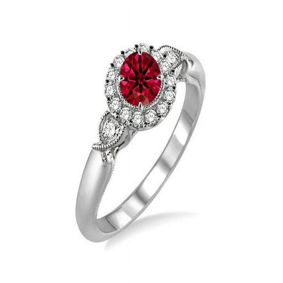 1.25 Carat Antique Round cut Ruby and Diamond Engagement Ring in 14k White Gold affordable ruby & diamond engagement ring