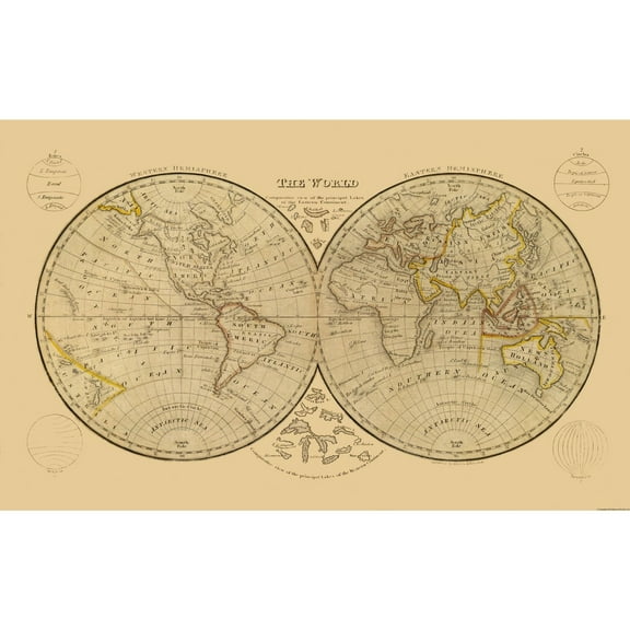 Historic Map - World Hemispheres  - Vintage Wall Art