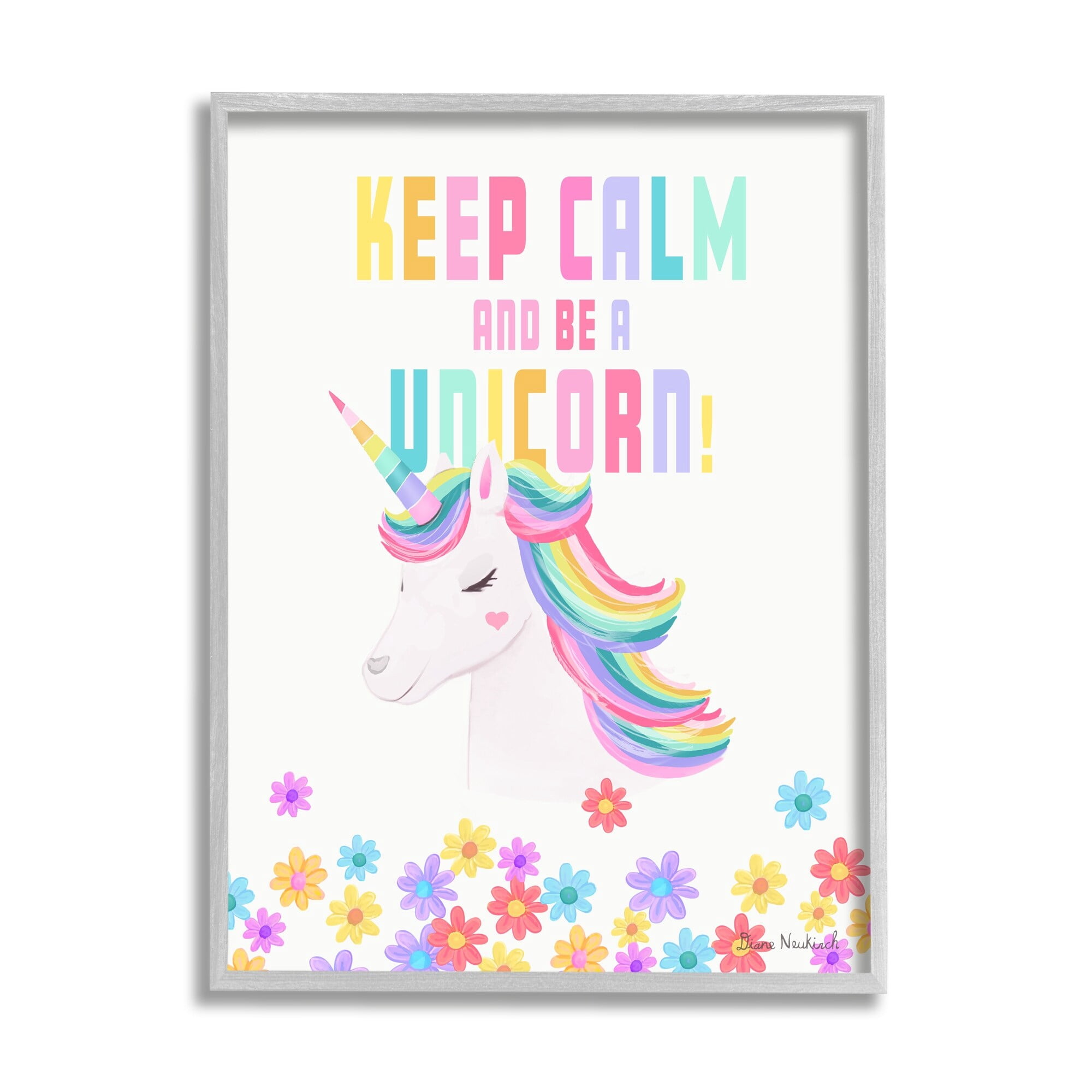 Stupell Industries Keep Calm Be A Unicorn Playful Quote Pastel Florals Graphic Art Gray Framed Art Print Wall Art, Design by Diane Neukirch