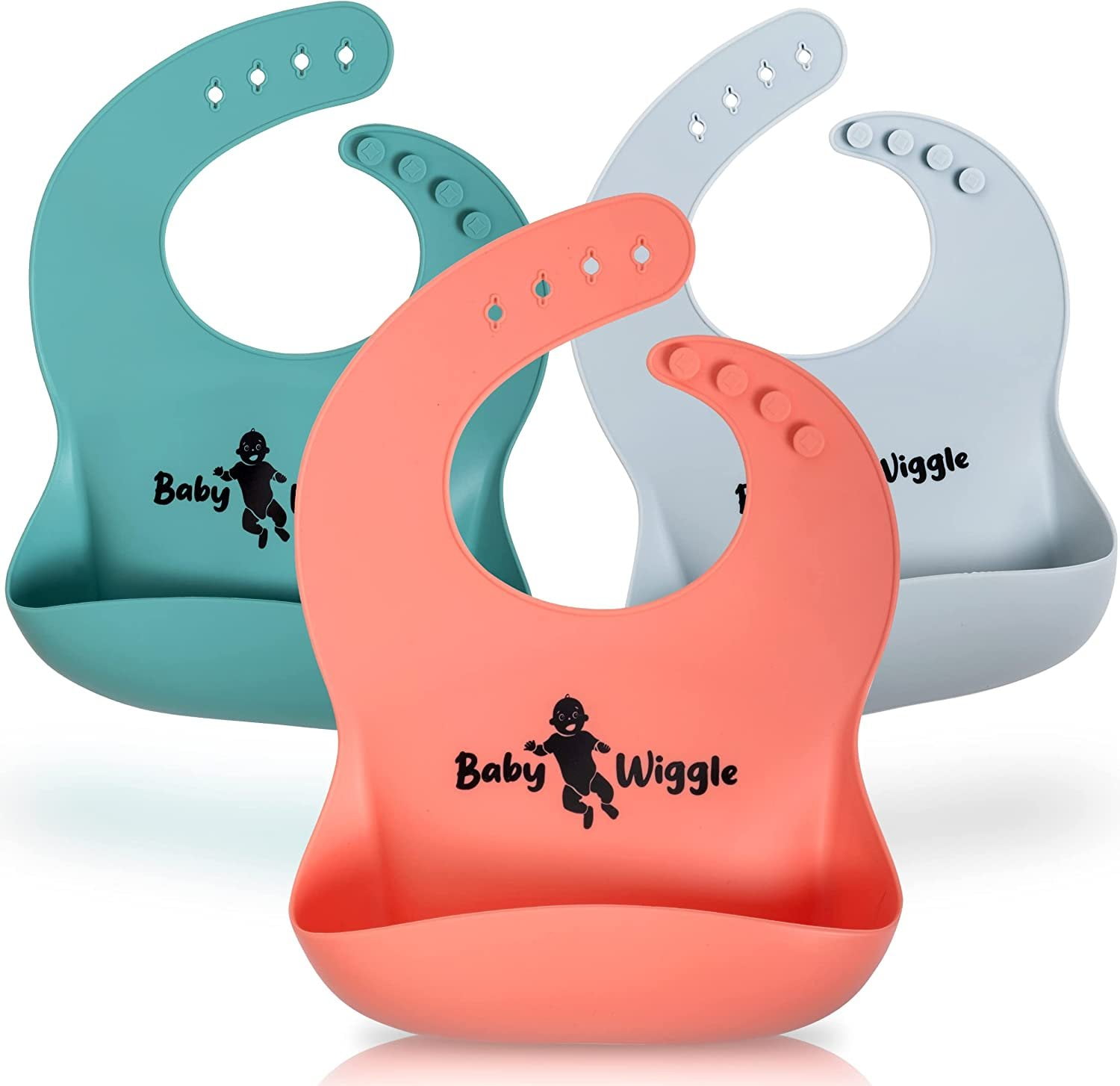 Baby Wiggle Set of 3 Silicone Bibs for Babies with food catcher Silicone Baby Bibs for