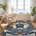 thumbnail image 3 of Design&I 5'x7' Washable Area Rug Sleek Flatweave Pet Friendly & Non-Slip Nautical Vintage Map Wave Seashell Ocean Themed Turtle Round Refined Structured for Small Living Room, Bedroom, 3 of 7