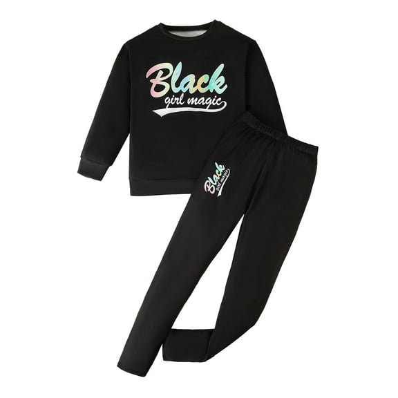 Mikrdoo Pants Outfits For Big Girls 9 Years Girls Fall Winter Clothing Set Letter Print Long Sleeve Pullover Tops Pants 2Pcs Set,Black
