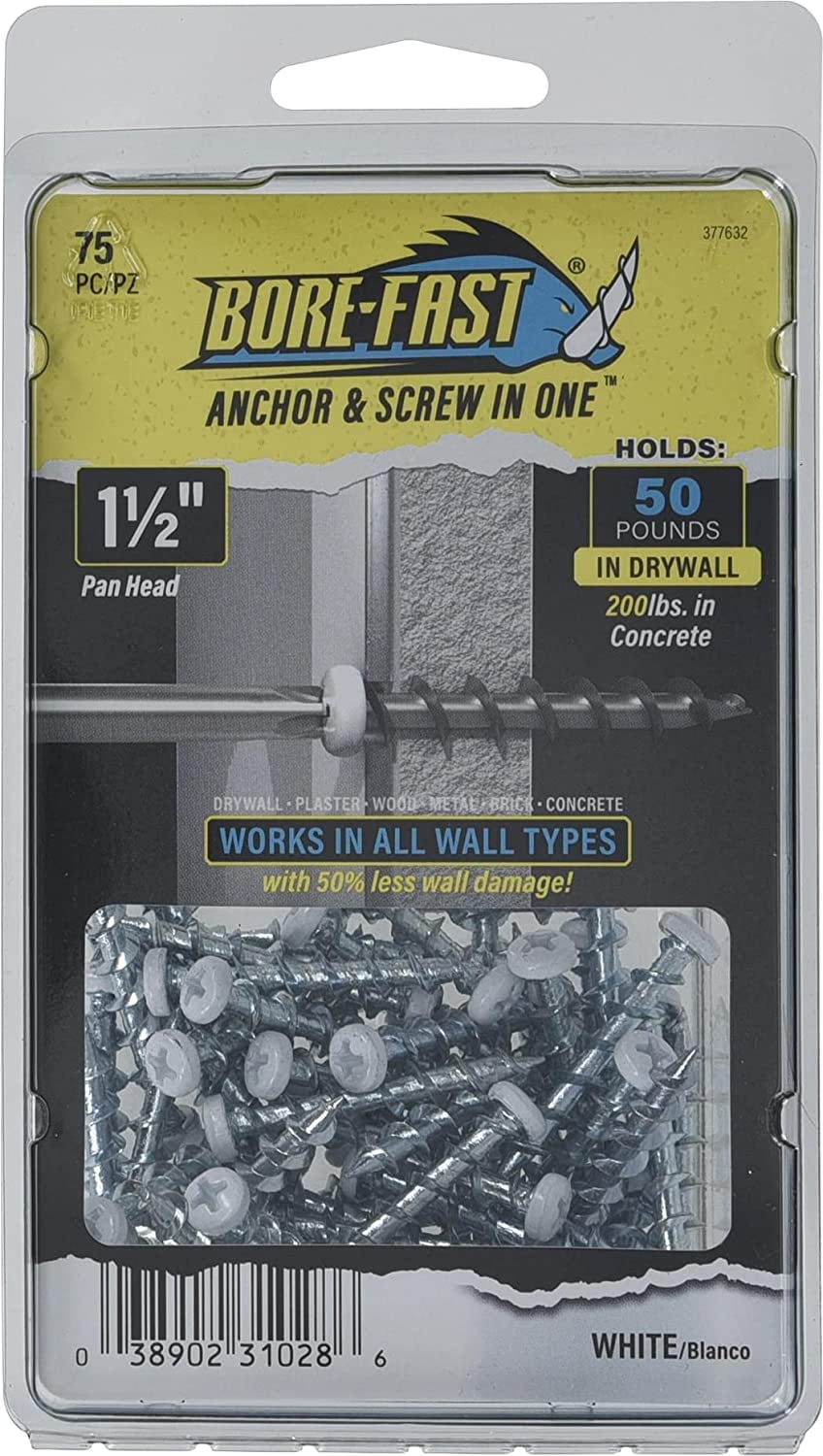 75-pack Borefast Drywall Anchors Screw-In - Easy Installation - 75 Pack, 1 1/2'' Pan Head, White — Construction & DIY Use, Standard Hardware Spec
