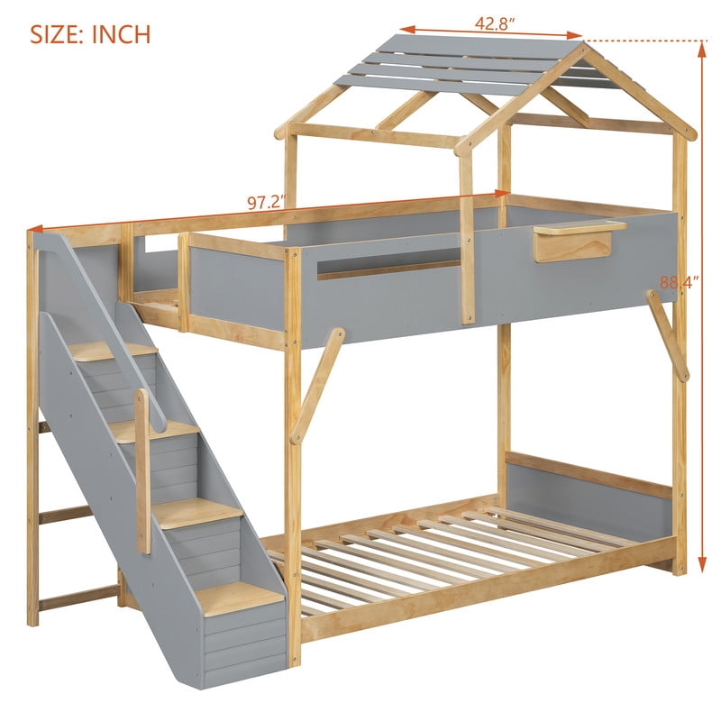 Twin over Twin House-Shaped Bunk Bed with Roof & Stairs, Kids Bed Frame with 3-Color LED Lights & Bedside Storage Shelf