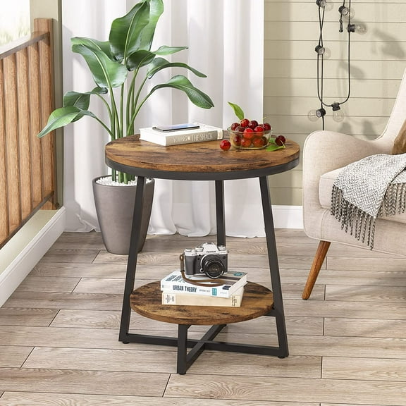 Tribesigns Industrial Round Side Table, 2 Tier End Table with Storage for Living Room, Rustic Brown