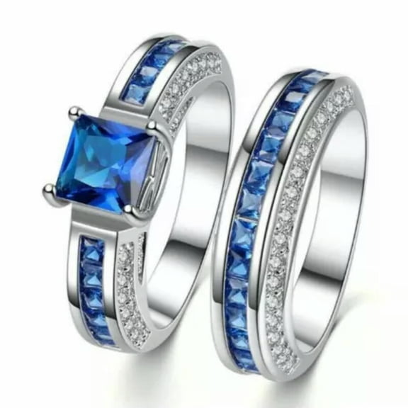 HOOUN 2pcs/set Women 925Silver Plated Zirconia Wedding CZ Ring Set Party Gift Size6-10-# Blue-10