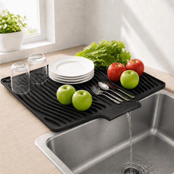 Goldeer Silicone Dish Drying Mat for Kitchen Counter, Dish Drying Pad, Non-Slip Drain Pad with Built-in Drain, Heat Resistant 14x19" Black