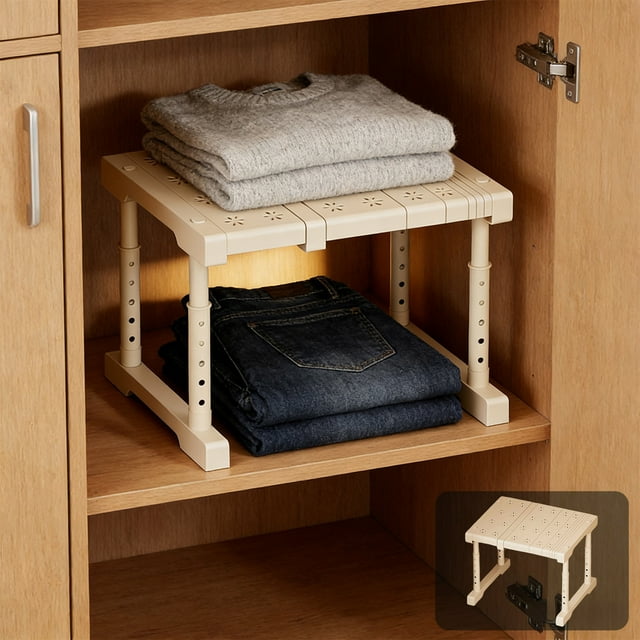 COM1950s Adjustable Closet Organizer Shelf,Wardrobe Storage Rack with Metal Frame,Expandable Shelves for Inside Cabinets and Wardrobes,Adjustable Length and Height for Layered Storage