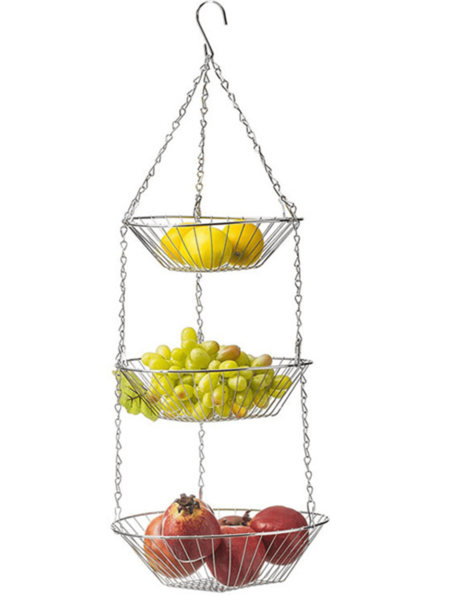 3 Tiered Hanging Fruit Baskets Adjustable Chrome Wire Produce Storage Bowls