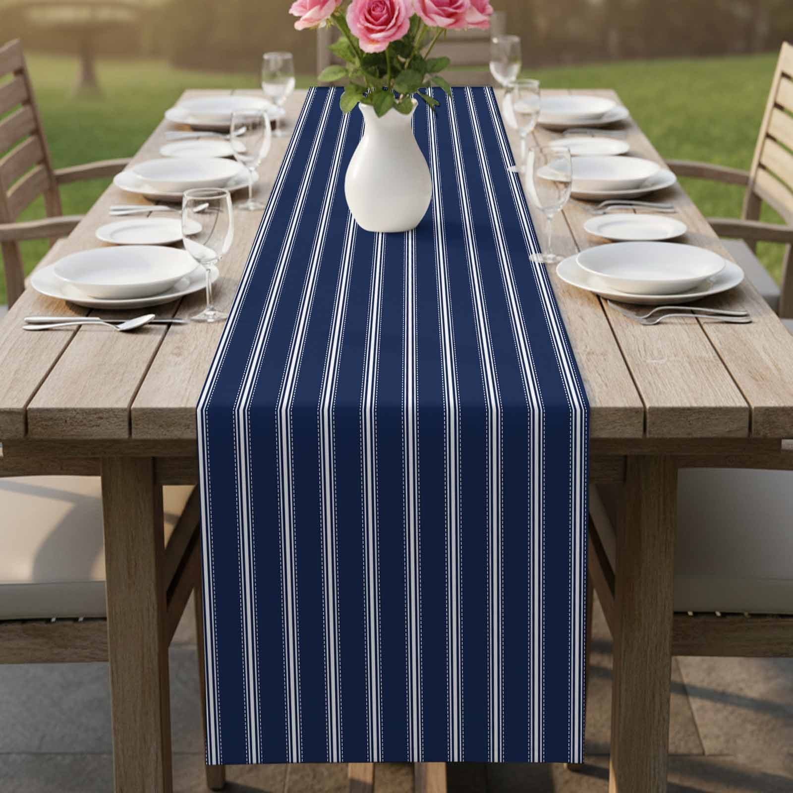 Navy Blue Striped Table Runner, Navy Blue White Farmhouse Stripes Washable Cotton Linen Table Runners 60 Inches Long, Dresser Scarf Runner for Coffee/TV Stands/Kitchen/Cabinets 13''x60''