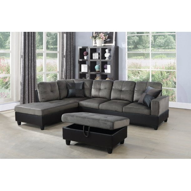 Ponliving Furniture Aiden 104 Sectional Sofa Chaise With Ottoman Microfiber And Faux Leather Upholstery Taupe Gray Left Hand Facing Com Faux Leather Upholstery Taupe Gray Left, Leather And Cloth Sectional Sofas