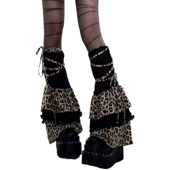 Harajuku Punk Leopard Layered Ruffle Leg Sleeves for Women Aesthetic Ties Bandages Leg Warmers Flared Boot Cover Socks