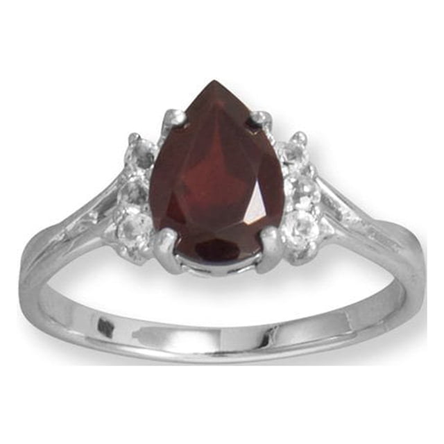 Precious Stars Rhodium Plated Sterling Silver Garnet and White Topaz Ring