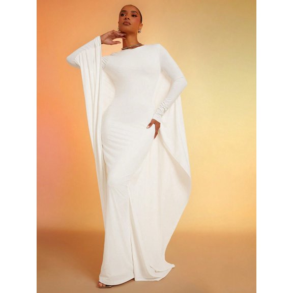 White Solid Round Neck Batwing Long Sleeve Slim Fit Maxi Dress With Flowing Drape