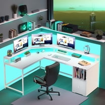 DWVO L Shaped Desk, 55 Inch With Power Outlets, LED Lights, File