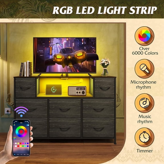 Black TV Stand for 45, 50, 55 inch TV, Entertainment Center with LED Lights & Charging Station, TV Media Console Table with 8 Fabric Drawers and Open Shelves for Living Room, Hallway, Wood Top